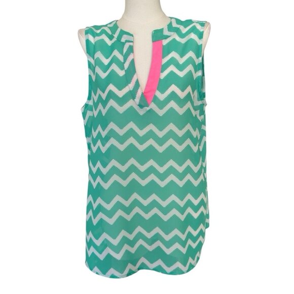 Live 4 Truth Green White Chevron V-Neck Sleeveless Lightweight Pullover Top L - Picture 1 of 9